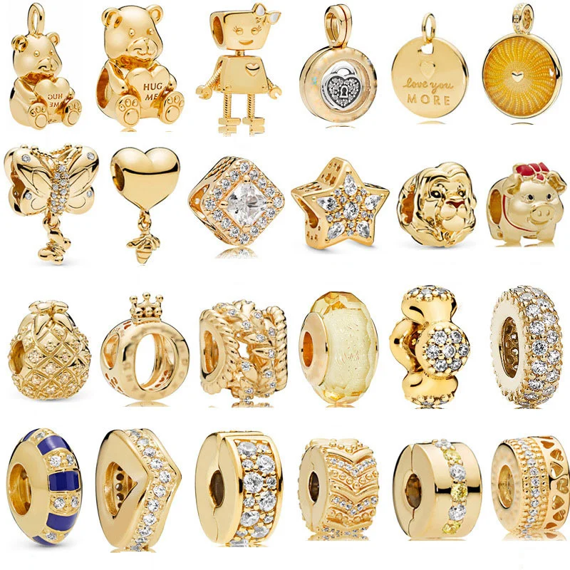

925 Sterling Silver Cute Pig Bear Lion Fine Bead Charms Gold Color Fit Original Charm Bracelets Women DIY Jewelry