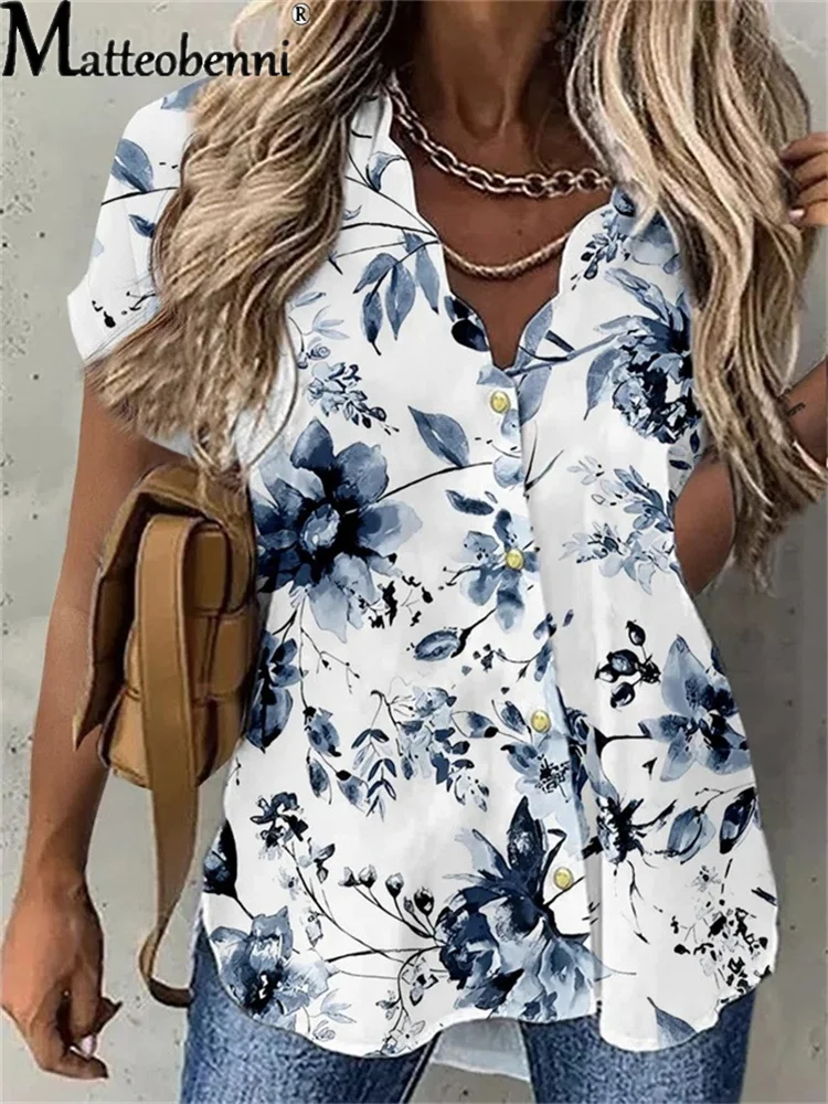 2022 New Women's Short Sleeve Blouse T-Shirt Vintage Floral Printed V Neck Fashion Top Summer Daily Casual Loose All-Match Shirt