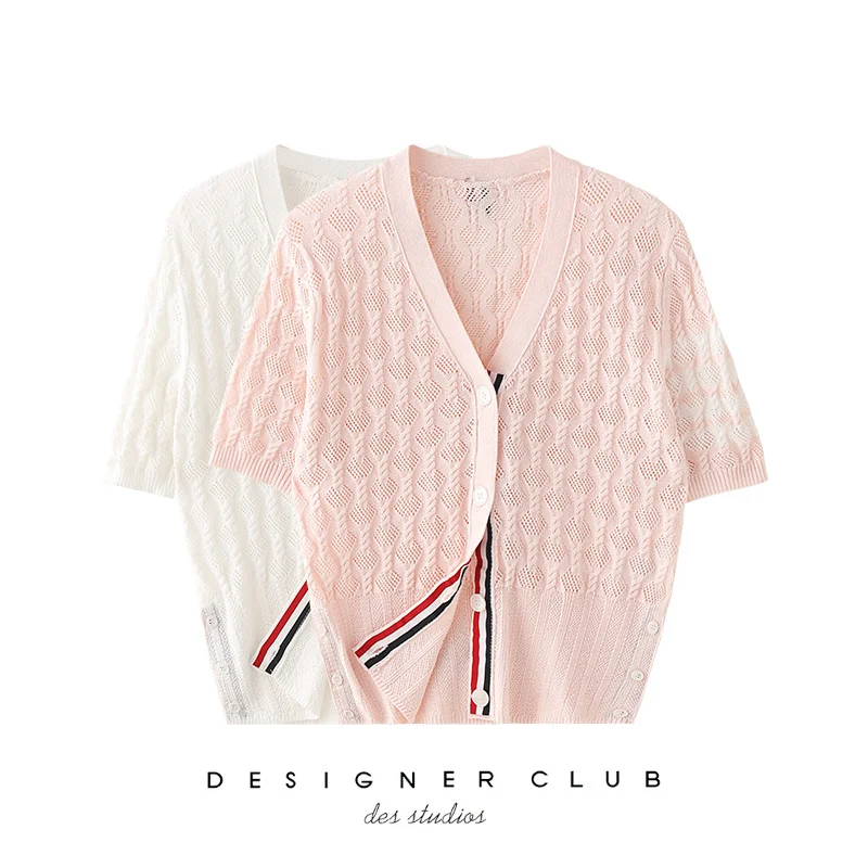 

Женский трикотажный кардиган контрастных цветов, с V-образным вырезом и коротким рукавом