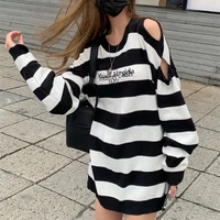 women sweater korean hollow pullovers winter new embroidered letters stripes sweatshirts casual loose goth clothes gothic tops