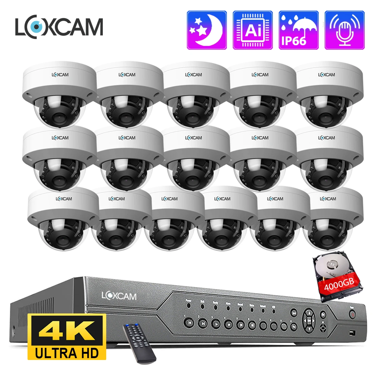 LOXCAM H.265 16CH 4K CCTV Audio Record Security Camera System 48V POE 8MP Vandalproof Dome IP Camera Home Video Surveillance Set