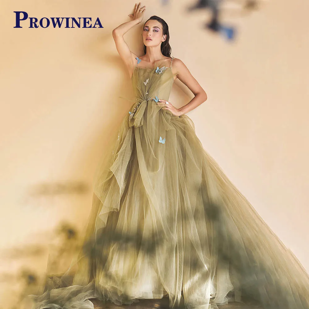 

Prowinea Fashionable Ruffles Formal Party Dresses For Women Appliques Spaghetti Straps Court Train Robes De Soirée Customised
