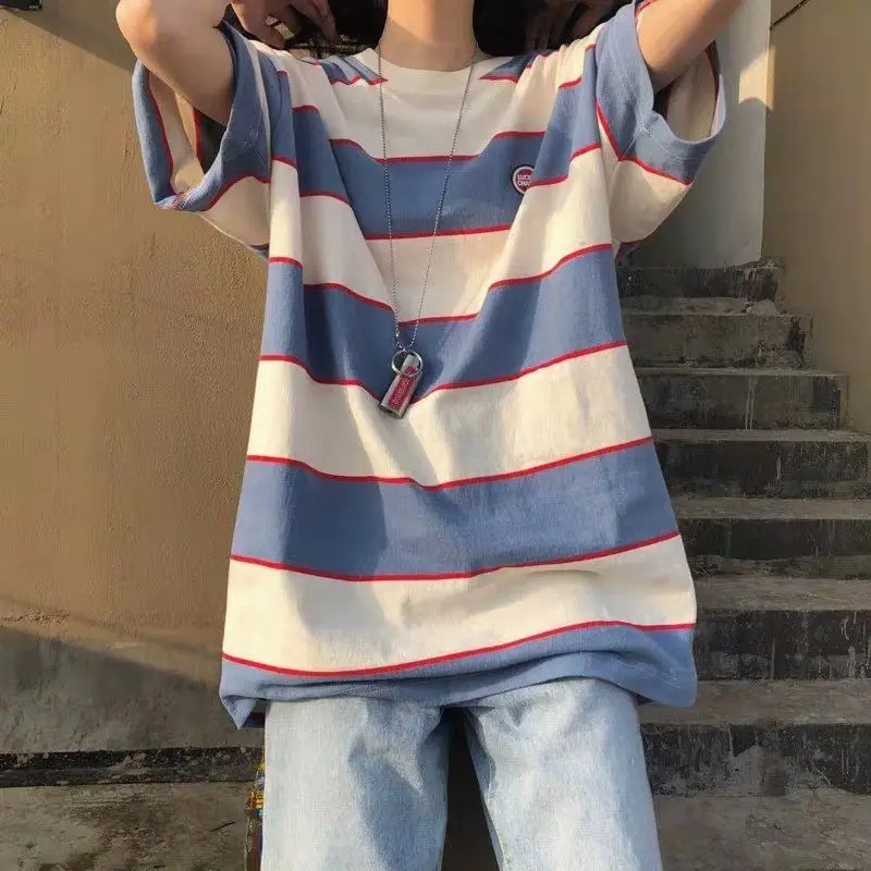 

Футболка женская оверсайз в полоску, топ с коротким рукавом в Корейском стиле, мешковатая рубашка в стиле Харадзюку, лето 2023