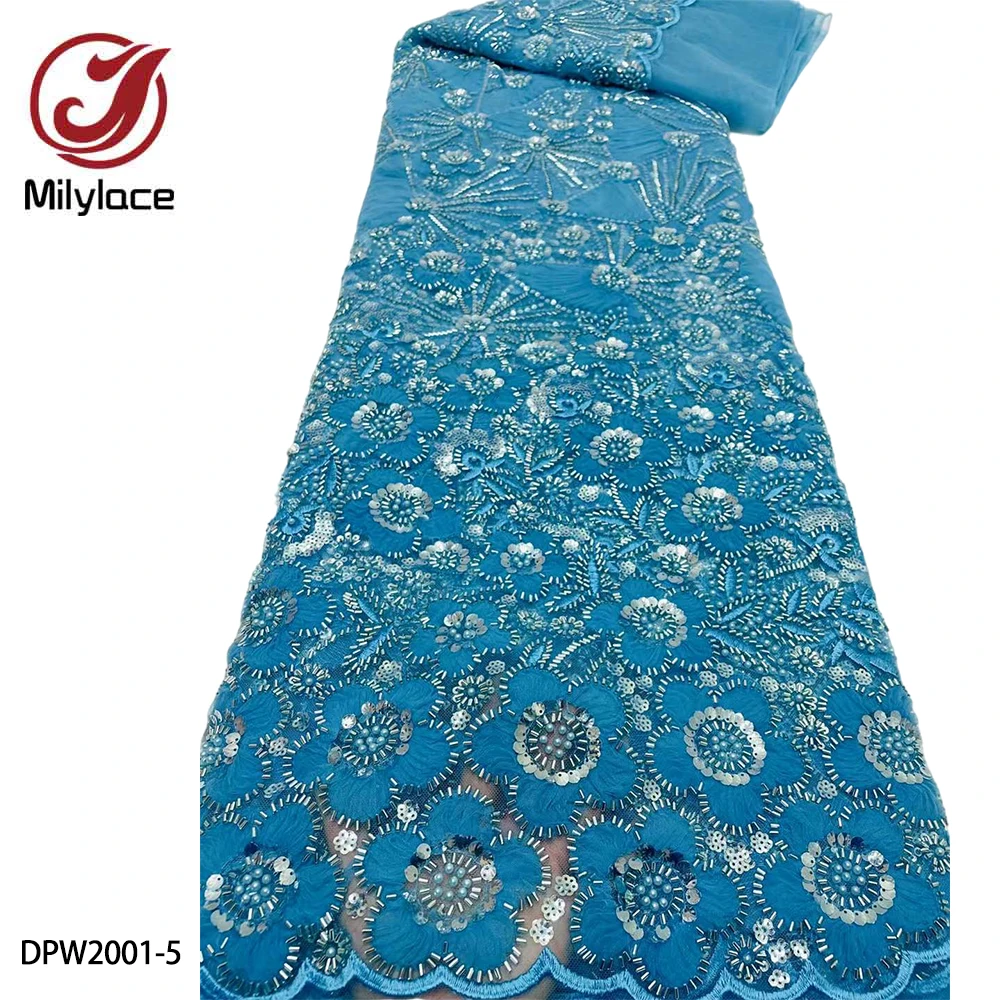 

Luxury Handmade Heavy Sequins Beaded Nigeria Lace Fabric 2020 High Quality Lace Lace Fabric 5 Yards African Dress Women DPW2001