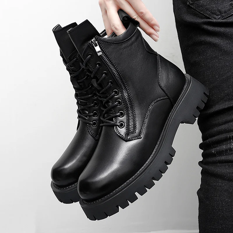 Men's Top Quality Boots Thick Bottom Fashion Casual Genuine Leather Men Boots Dress Shoes Men Design Luxury Motorcycle Shoes Man