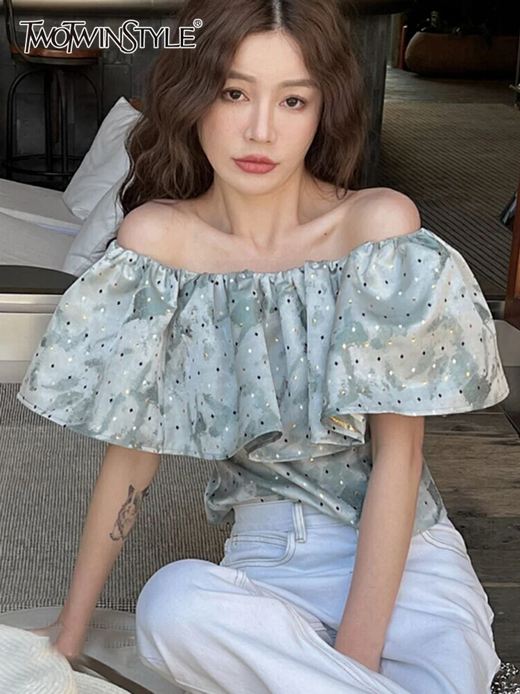 

TWOTWINSTYLE Elegant Print Shirt For Women Slash Neck Sleeveless Colorblock Fashion Blouses Female Clothes Summer Style New 2022