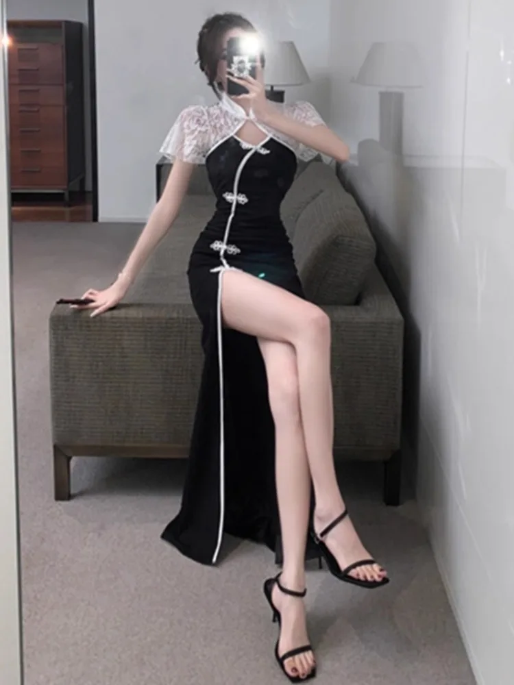 Ezgaga винтажные платья для женщин сексуальное кружевное лоскутное платье на