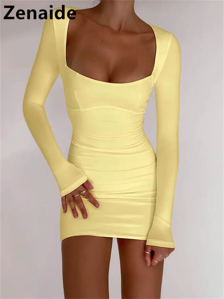 

Zenaide 2022 Autumn Winter Backless Bodycon Mini Dress White Women Hollow Out Sexy Party Club Casual Long Sleeve Dresses