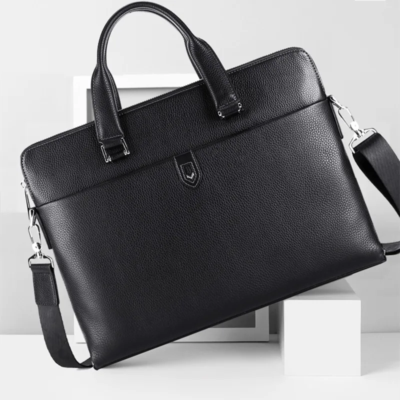 Business Genuine Leather Briefcase Men 14-Inch Lapt Bag Large Capacity Handbag Cowhide Leather Shoulder Bag Male Crossbody Bag