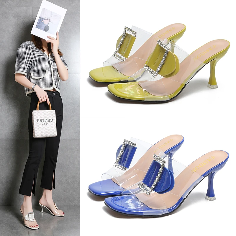 

2022 Clear High Heels Sandals Women New Summer Shoes Women Mules Metal Buckle Slides Peep Toe Transparent Female Shoes
