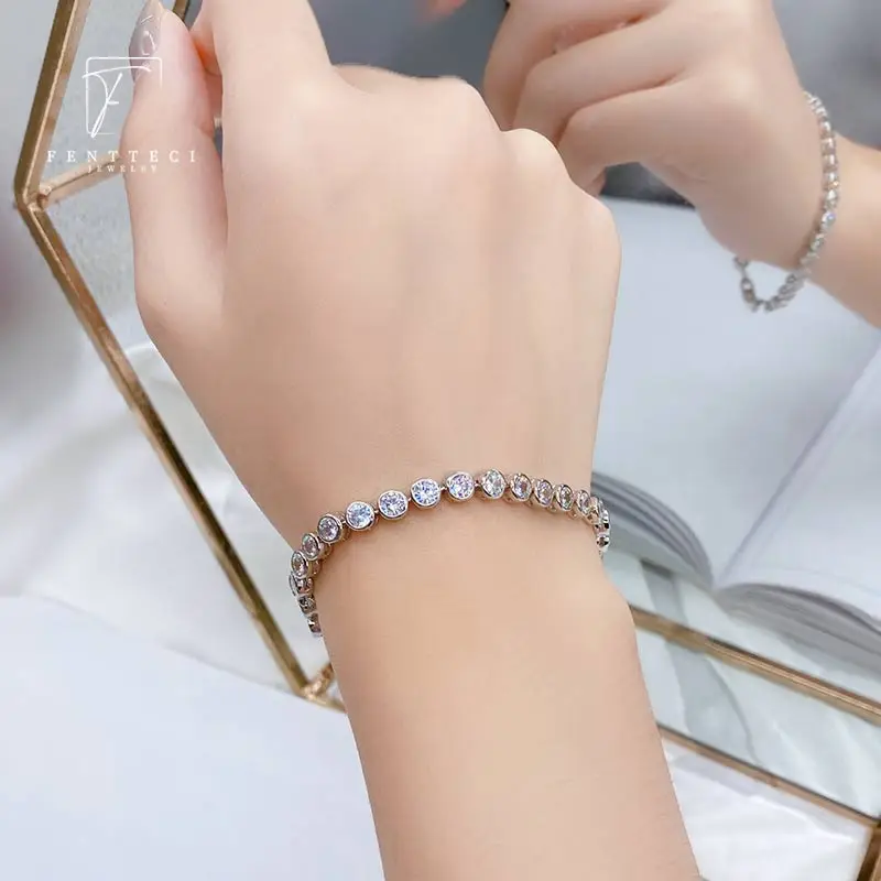 FENTTECI Newest Sterling Silver Tennis Bracelet 0.3ct Round Diamond Bracelet 4 Prongs Single Row Simulation Drill Roman Chain