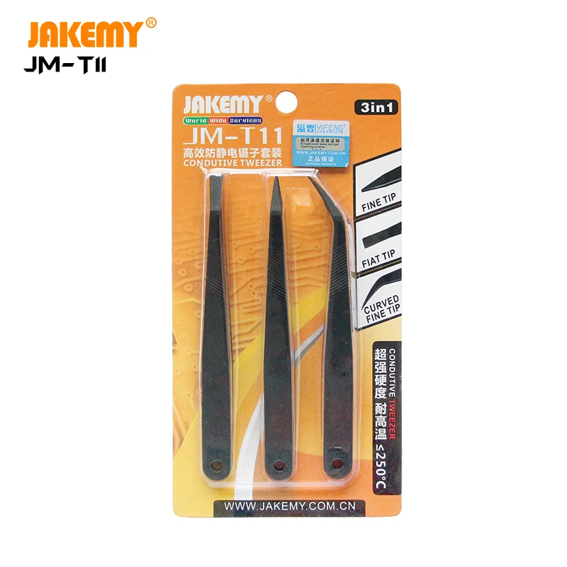

JAKEMY JM-T11 Original 3 In 1 Mini Precision Anti-Static Highly Heat Resistant Tweezers Set Wafer & Die SMT Handling Assortment