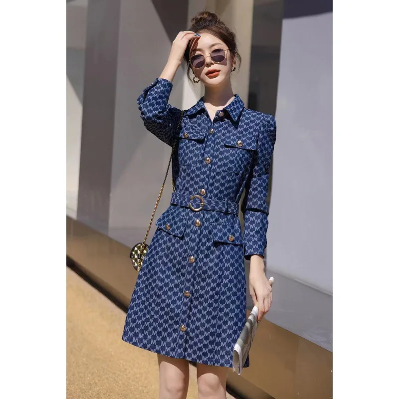 

Женское джинсовое платье с буквенным принтом M, синее платье с коротким рукавом и отложным воротником, стильные женские платья на весну и лето 2023