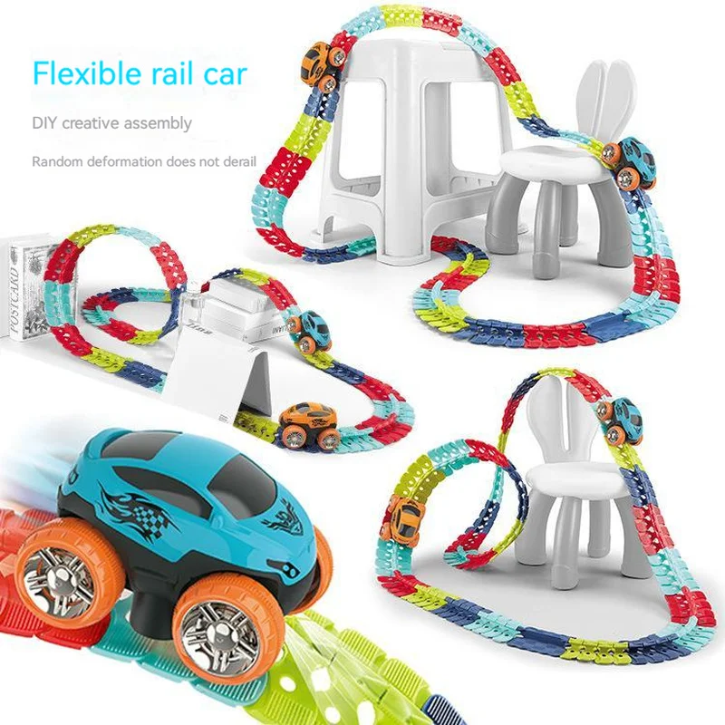 

Flexible Rubber Assembly Electric Rail Car Toy For Children DIY Non Derailment Roller Coaster Rechargeable Battery Optional