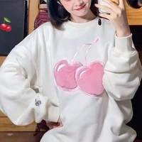 new apricotblack pink cherry sweatshirt women fleece cartoon embroidery sweater korean fashion loose jumper oversize hoodie