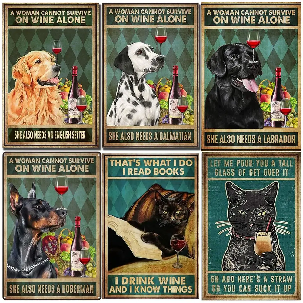 

Dachshund Decor Bulldog Vintage Tin Sign - A Woman Cannot Survive on Wine Alone - Funny Cat Dog Metal Sign Bar Home Wall Decor