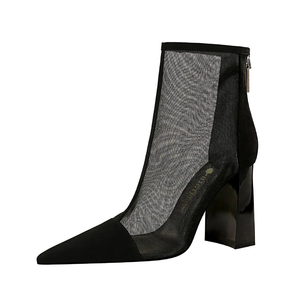 

2022 New Summer Women's Sandals Sexy Thin Section Banquet High Heels Stitching Pointed Mesh Hollow Boots