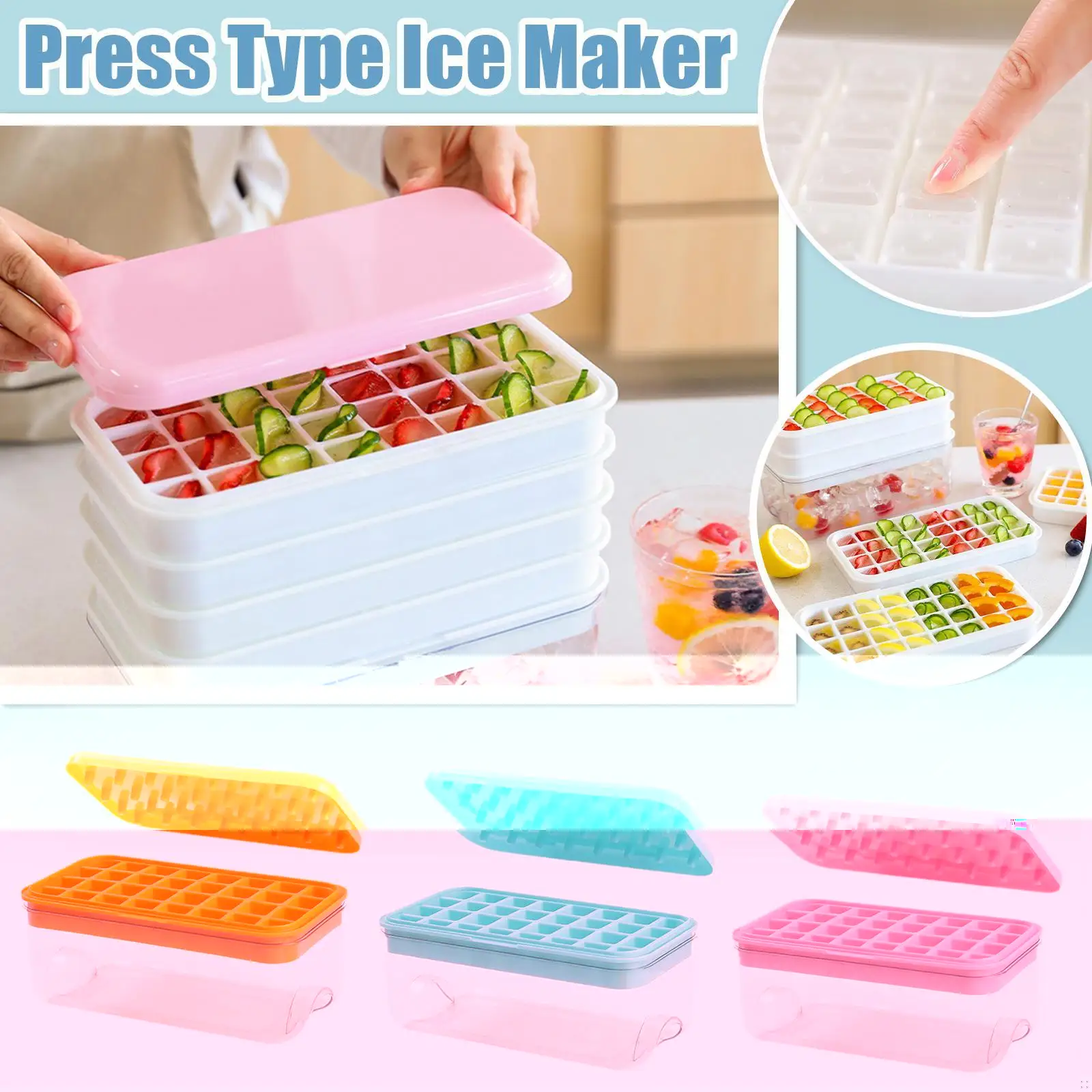 

Press Type Ice Maker Silicone Ice Cube Tray Making Mold Creative Storage Box Lid Trays Bar Kitchen Quickly Ice Cubes Release