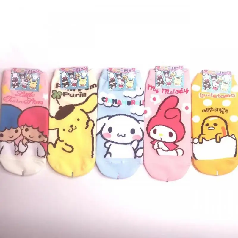 

5Pcs/set Sanrio Print Socks Kawaii Student Pompompurin Hello Kittys My Melody Cinnamoroll Womens Ankle Cartoon Socks Girl Gift