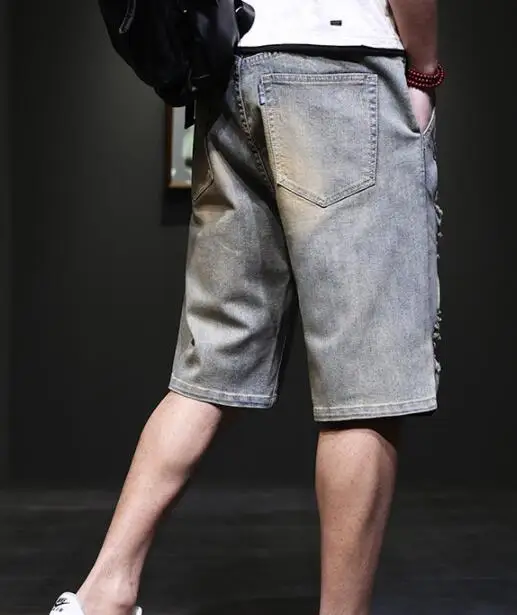 Ripped Jeans Fashion Mens Jeans Streetwear Retro Ripped Hole Jean Shorts Men Summer Denim Knee Length Boardshorts