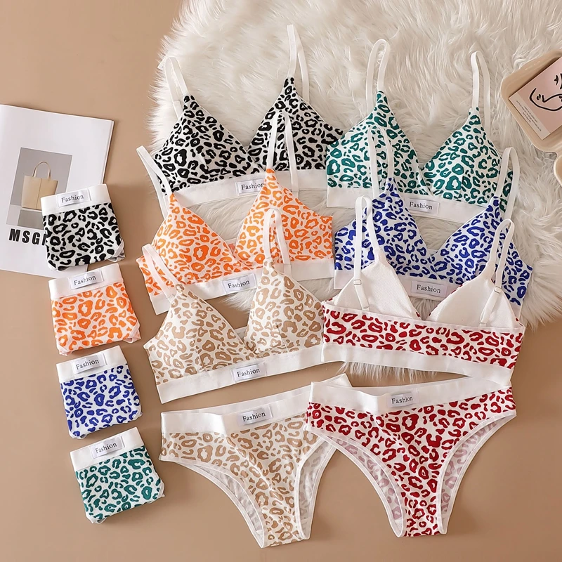 

Fashion Print Bra Set Women Low Waist Panties Leopard Sexy Bralette Set V-neck Sport Lingerie Female Cotton Underwear Set 6Color