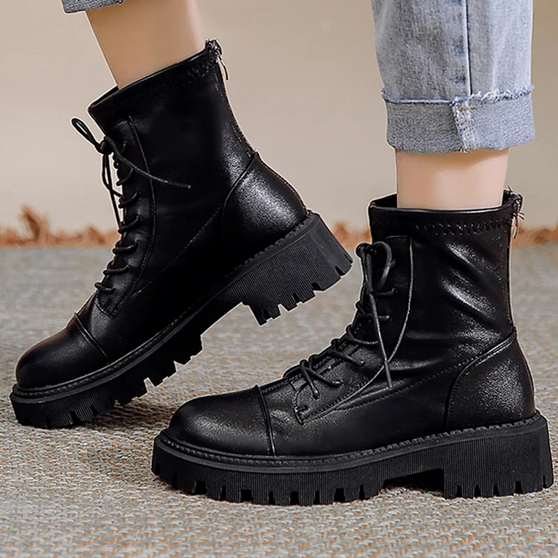 Round Head Square Heel Women Casual Boots 2022 Autumn New Fashion Platfrom Lace-up Back Zipper Women Chelsea Motorcycle Boots