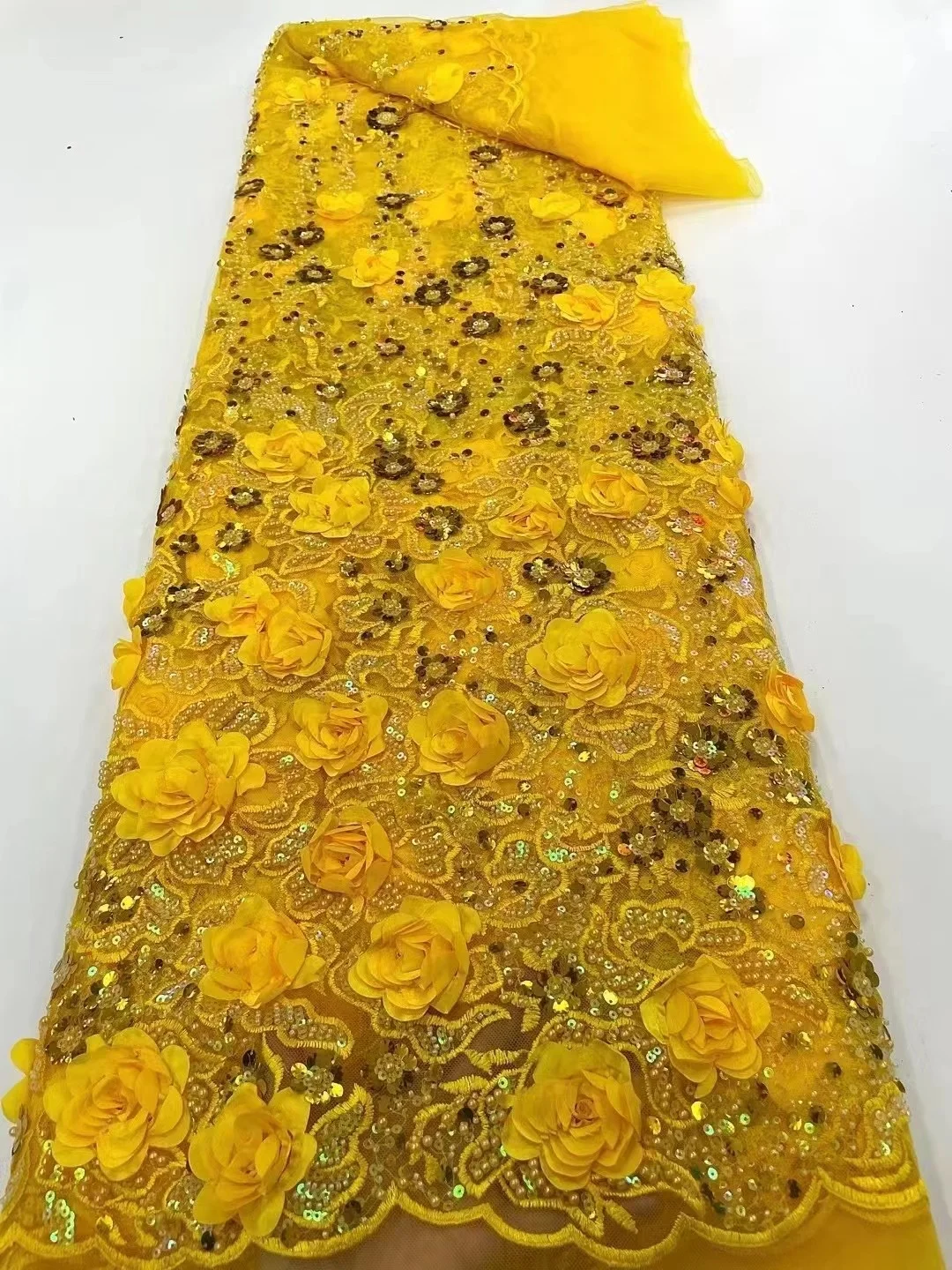 

Luxury yellow Fabric High Quality African Lace Fabric Wedding Embroidery French Lace Fabric With Hanvy Beaded For 3d Lace