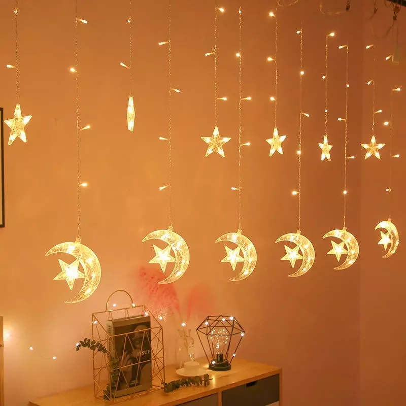 

EID Mubarak Decoraion for Home Moon Star LED Curtain Light String Garland Islamic Muslim Party Al Adha Ramadan Christmas Decor