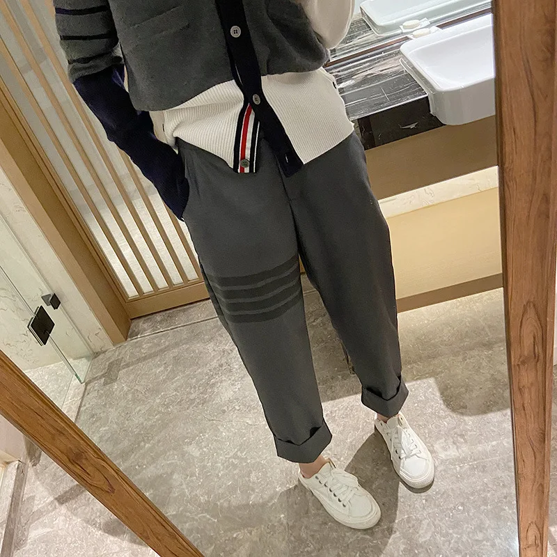 TB Pants Women's Trendy Korean High-waisted Straight-leg Striped Cropped Pants Loose and Thin Gray Small-footed Pipe Pants