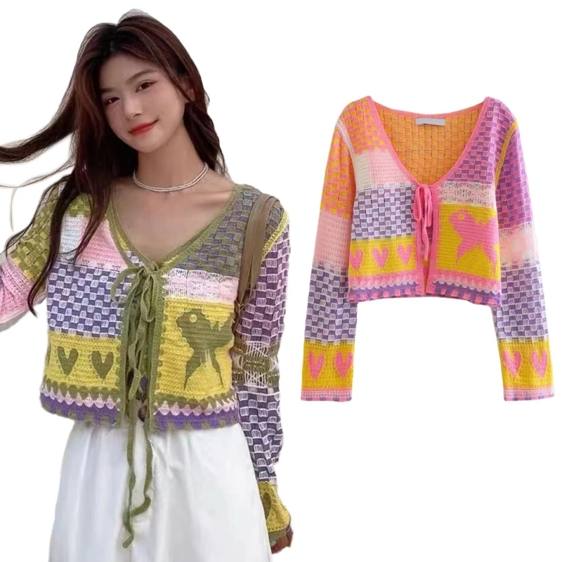 

Новый стиль, Осенний вязаный свитер, кардиган для женщин, короткий топ с открытой передней шнуровкой и цветными блоками