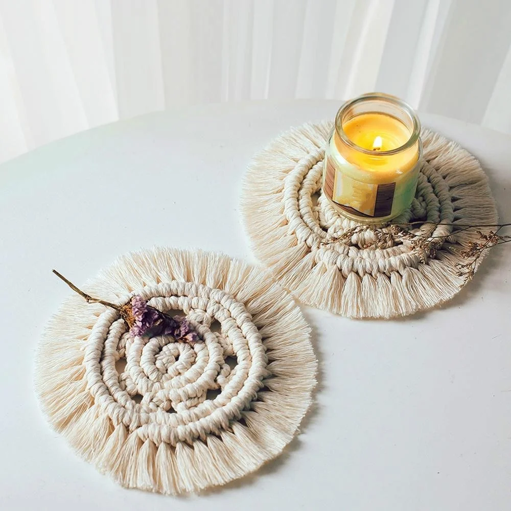 

Handwoven Macrame Coasters Cotton Rope Braided Placemats Cup Pad Table Decor Heat Resistant Table Mat Cup
