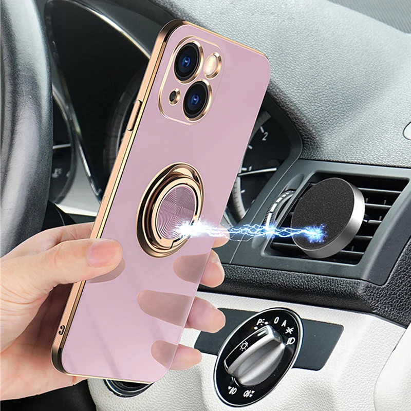 Plating Magnetic Purple Case For iPhone 14 13 12 11 Pro Max XS XR X S 7 8 Plus SE 2020 14Pro Luxury Soft Covers With Ring Holder