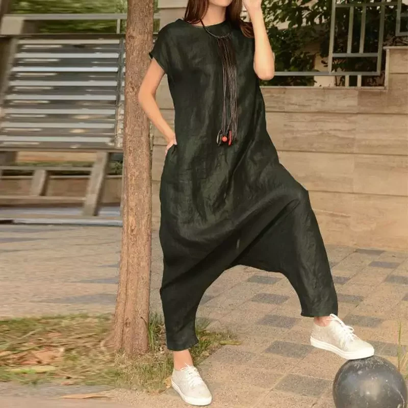 

Free Shipping Summer Overalls Women'sDrop Crotch Jumpsuits Female Short Sleeve Rompers Combinaison Femme Cargo Pants Palazzo