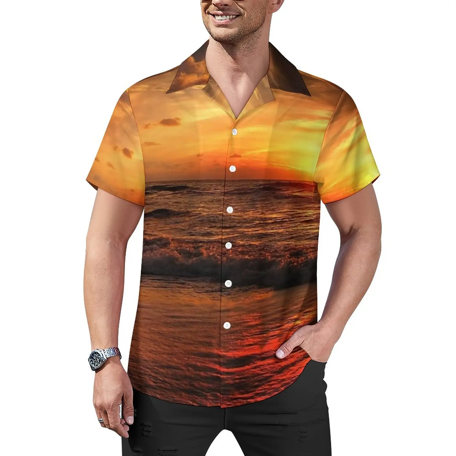 

Sunset Print Casual Shirt Sea Waves Vacation Loose Shirt Summer Aesthetic Blouses Short Sleeve Custom Oversized Clothing