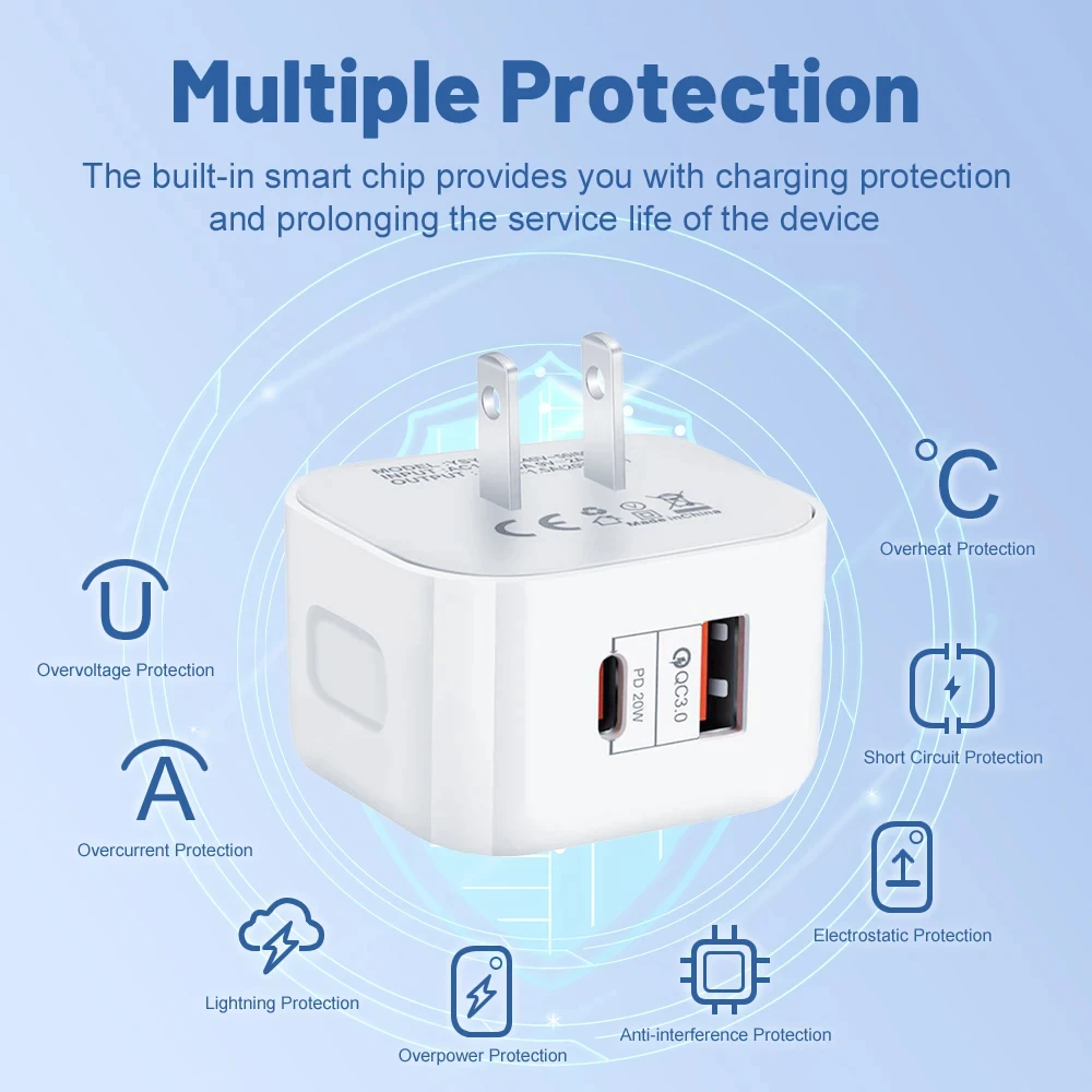 Новый сетевой адаптер EU US UK 20W с двумя портами USB-C PD для быстрой зарядки iPhone 11 12 13 14 15 и Samsung (art.: 3920db613cdd2) - 3920db613cdd2