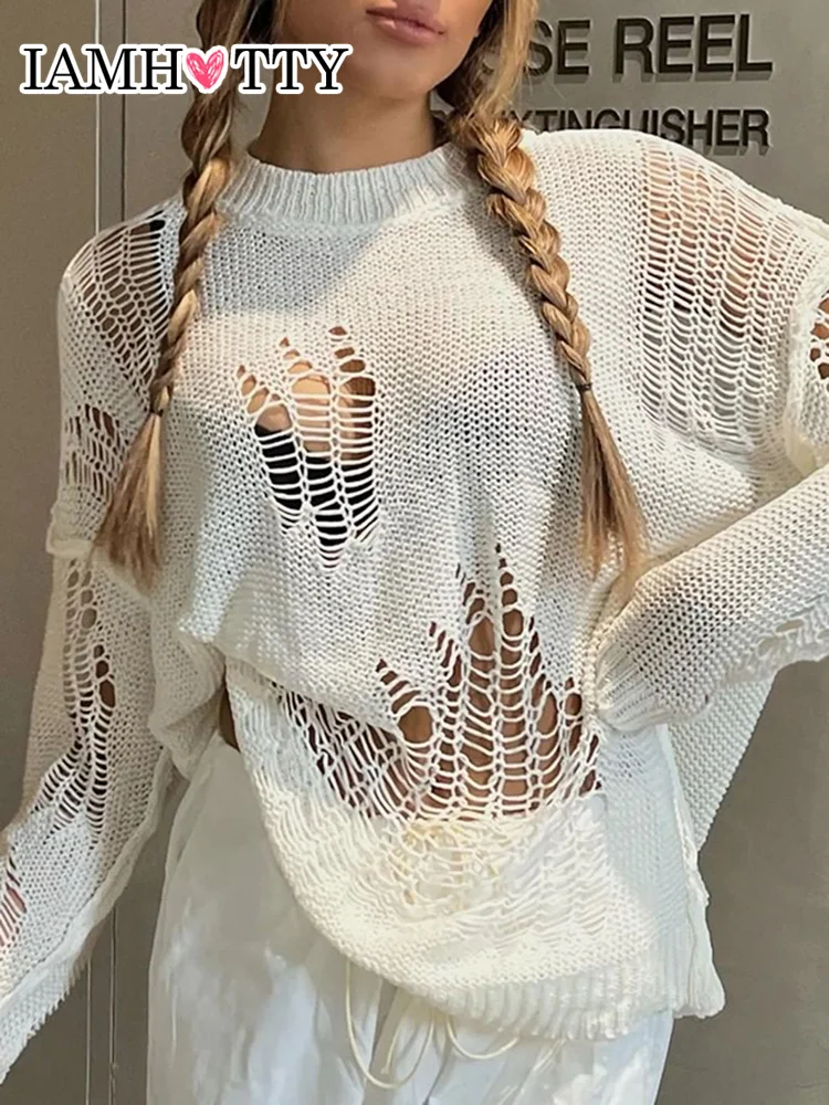 

Женский вязаный свитер IAMHOTTY с рваными дырками, Белый Свободный Повседневный вязаный Топ с длинным рукавом, сказочный гранж джемпер, винтажн...
