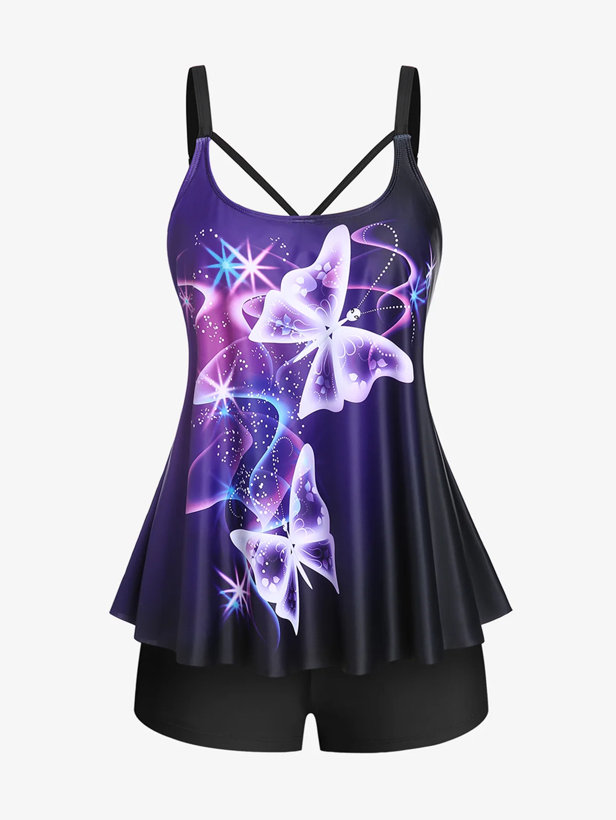 

Two Piece Plus Size Swimwear Glitter Butterfly Print Removable Pads Tankini Swimsuit Beachwear Wire Free Bathing Suits For Women