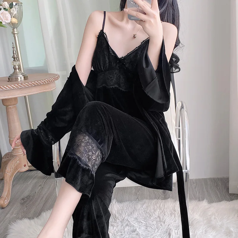 Осенне-зимний бархатный пижамный комплект из 3 предметов одежда для сна