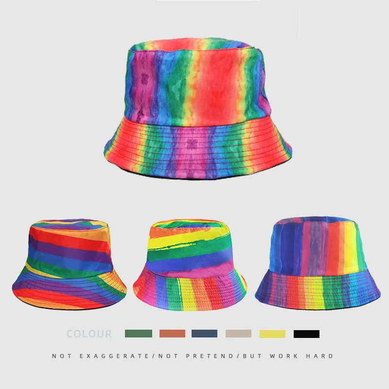 

New double-sided wearable rainbow color matching flat fisherman hat all-match men's and women's sun hat seven-color basin hat