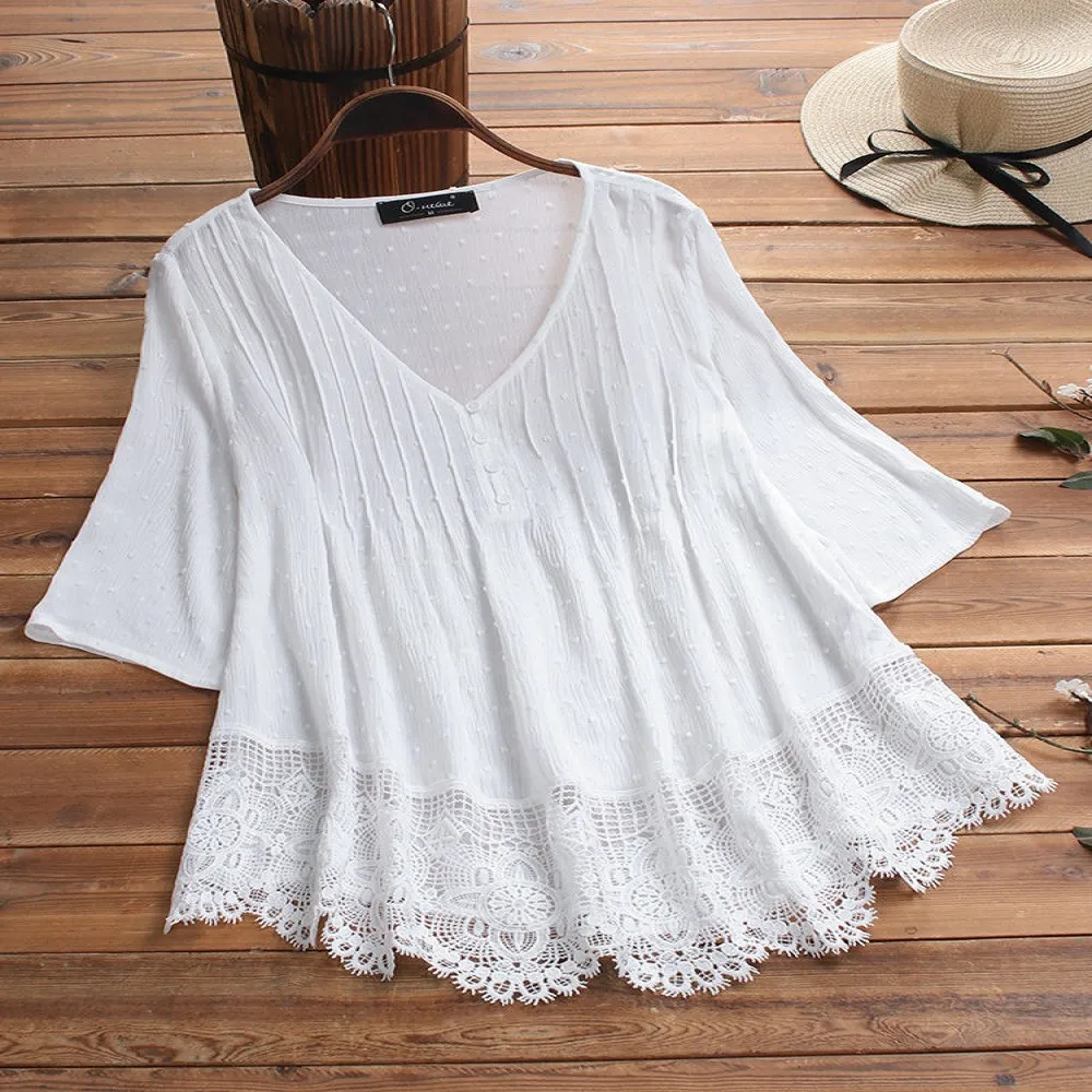 

Women Cotton Linen Loose Blouse Boho Vintage Half Sleeve Shirt White Pleated Flare Sleeve Tops Soft Oversize Blusa feminina
