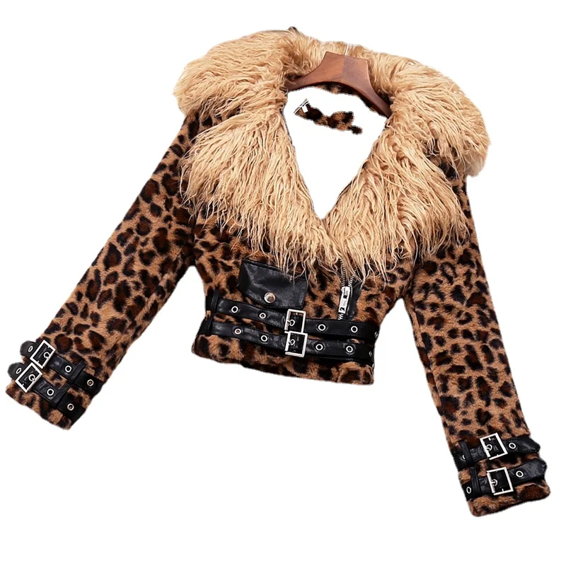 

22 Spring Winter Women's Clothing Queen Fur Collar Leopard Print Coat Leather Patchwork Waist Trimming Short Cotton-Padded Coat