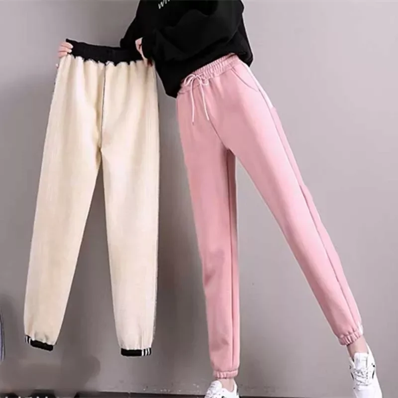 Winter Women Fleece Pants Solid Color Thick Plush Warm Trousers Female Casual Drawstring Workout Leggings Loose Sweatpants