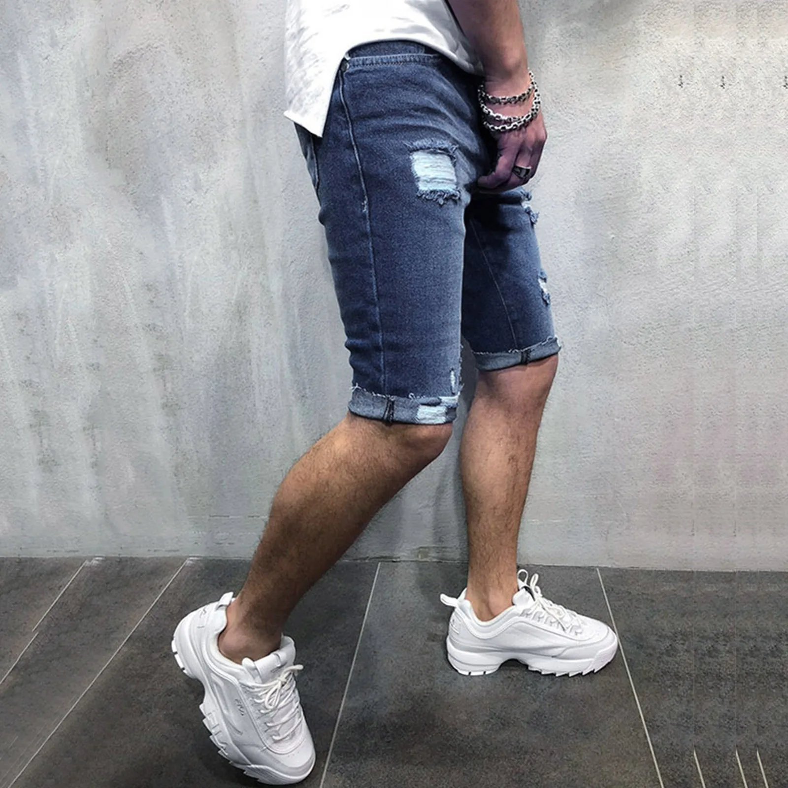 

Mens Fashion Casual Straight Hole Buckle Zipper Denim Shorts Pants Trousers Jeans for Men White h