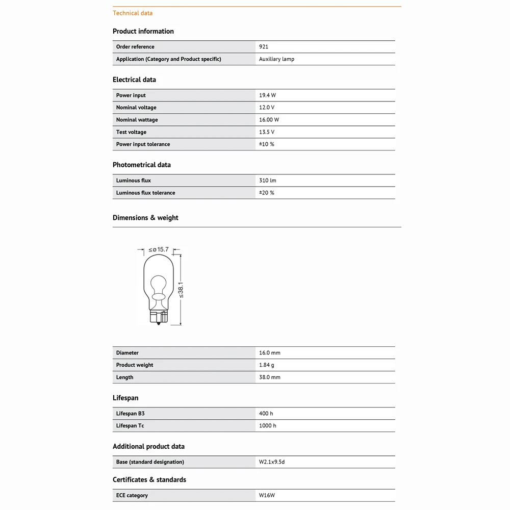 OSRAM 921 W16W W2.1x9.5d Стандартный поворотный сигнал автомобиля фонарь заднего хода 12 В 16