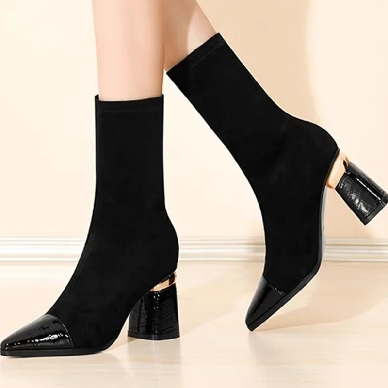 

Новинка 2022, стильные эластичные ботинки на толстом каблуке с инкрустацией, женские осенне-зимние ботинки с острым носком, женские модные бо...