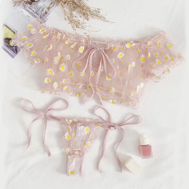 

2022 Bra Set Wire Free Off-Shoulder Sexy Women's Underwear Small Chest Bralette+Thong Lace Swimsuits Beachwear Lingerie sets