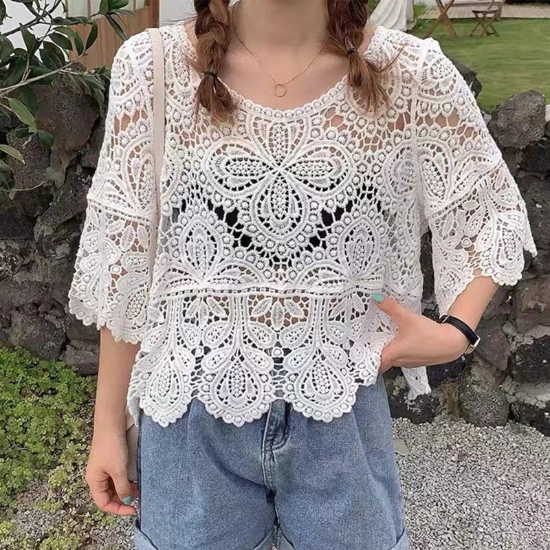 

Women Summer Crochet Loose Blouse Hollow Out Knit Floral Pullover Top for Dress