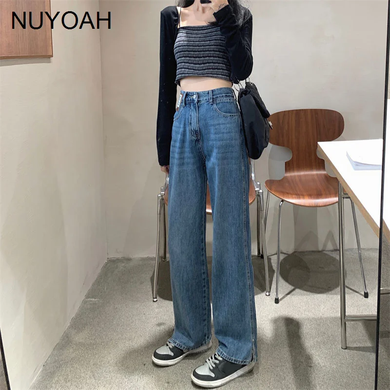 

Женские джинсы с разрезом, универсальные моющиеся подвесные широкие брюки с высокой талией, прямые осенние брюки