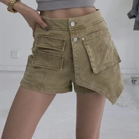 cargo style khaki denim shorts womens summer design irregular high waist thin a line shorts fashion button wide leg jean short