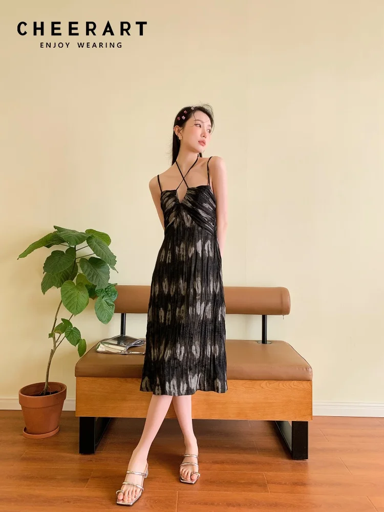 

CHEERART Vintage Tie Dye Backless Long Halter Dress For Women 2022 Summer Ruched A Line Sexy Halter Neck Dress Designer Clothing